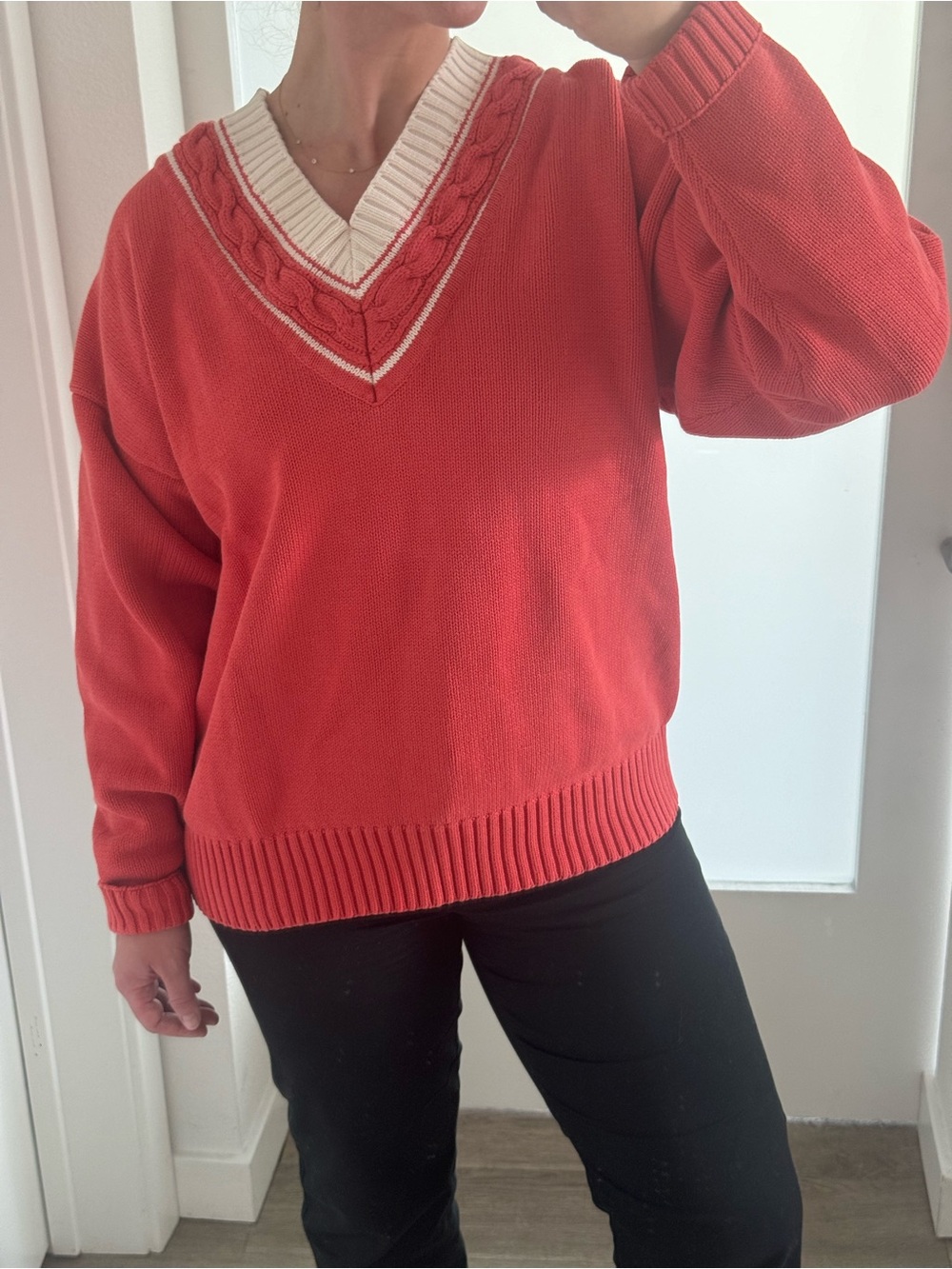 Vintage GAP Coral Pink Cream 100% Cotton V-Neck Cable Knit Sweater L